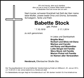 Traueranzeige von Babette Stock von Hersbrucker Zeitung